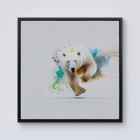 Warren Reed - Designer Charging Polar Bear Framed Canvas in Black | Size: W16" x H16"