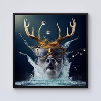 Warren Reed - Designer Stag With Glasses Splashart Framed Canvas in Black | Size: W16" x H16"