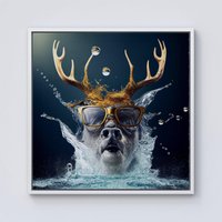 Warren Reed - Designer Stag With Glasses Splashart Framed Canvas in Off-White | Size: W30" x H30"