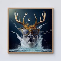 Warren Reed - Designer Stag With Glasses Splashart Framed Canvas in Light Brown | Size: W30" x H30"