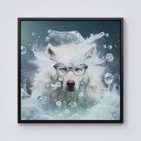 Warren Reed - Designer White Wolf With Glasses Splashart Framed Canvas in Black | Size: W16" x H16"