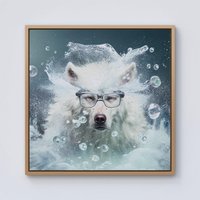 Warren Reed - Designer White Wolf With Glasses Splashart Framed Canvas in Light Brown | Size: W16" x H16"