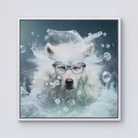 Warren Reed - Designer White Wolf With Glasses Splashart Framed Canvas in Off-White | Size: w40 inch x h40 inch