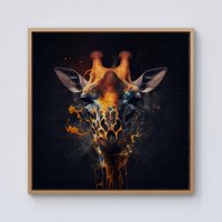 Warren Reed - Designer Golden Giraffe Face Splashart Framed Canvas in Light Brown | Size: w10 inch x h10 inch