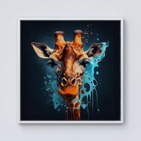 Warren Reed - Designer Blue Giraffe Face Splashart Framed Canvas in Off-White | Size: w10 inch x h10 inch