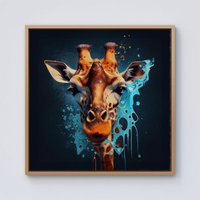 Warren Reed - Designer Blue Giraffe Face Splashart Framed Canvas in Light Brown | Size: w10 inch x h10 inch