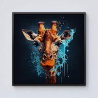 Warren Reed - Designer Blue Giraffe Face Splashart Framed Canvas in Black | Size: W30" x H30"