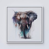 Warren Reed - Designer Elephant Splashart Framed Canvas in Off-White | Size: w10 inch x h10 inch