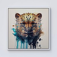 Warren Reed - Designer Leapoard Face Splashart On Light Background Framed Canvas in Off-White | Size: w40 inch x h40 inch