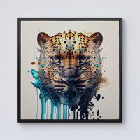 Warren Reed - Designer Leapoard Face Splashart On Light Background Framed Canvas in Black | Size: w40 inch x h40 inch