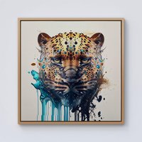 Warren Reed - Designer Leapoard Face Splashart On Light Background Framed Canvas in Light Brown | Size: w40 inch x h40 inch