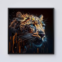 Warren Reed - Designer Leapoard Face Splashart On Dark Background Framed Canvas in Black | Size: w10 inch x h10 inch