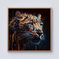 Warren Reed - Designer Leapoard Face Splashart On Dark Background Framed Canvas in Light Brown | Size: w40 inch x h40 inch