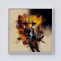 Warren Reed - Designer Cheetah Face Splashart Framed Canvas in Off-White | Size: w10 inch x h10 inch