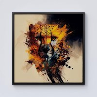 Warren Reed - Designer Cheetah Face Splashart Framed Canvas in Black | Size: w40 inch x h40 inch