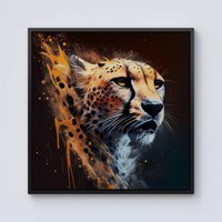Warren Reed - Designer Cheetah Face Splashart Dark Background Framed Canvas in Black | Size: W16" x H16"