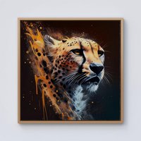 Warren Reed - Designer Cheetah Face Splashart Dark Background Framed Canvas in Light Brown | Size: W16" x H16"