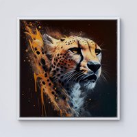 Warren Reed - Designer Cheetah Face Splashart Dark Background Framed Canvas in Off-White | Size: w40 inch x h40 inch