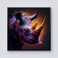 Warren Reed - Designer Golden Rhino Face Splashart Framed Canvas in Black | Size: w40 inch x h40 inch