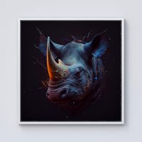 Warren Reed - Designer Rhino Face Splashart Framed Canvas in Off-White | Size: w10 inch x h10 inch