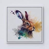 Warren Reed - Designer Hare Close Up Splashart Framed Canvas in Off-White | Size: W16" x H16"