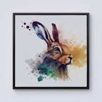 Warren Reed - Designer Hare Close Up Splashart Framed Canvas in Black | Size: W16" x H16"