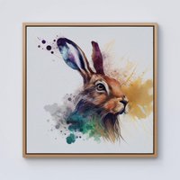 Warren Reed - Designer Hare Close Up Splashart Framed Canvas in Light Brown | Size: w40 inch x h40 inch