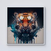 Warren Reed - Designer Tiger Face Splashart Framed Canvas in Off-White | Size: w10 inch x h10 inch