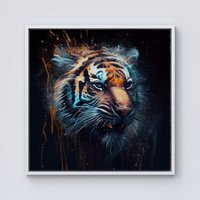 Warren Reed - Designer Tiger Face Splashart Dark Background Framed Canvas in Off-White | Size: W16" x H16"