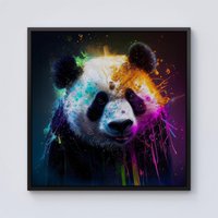 Warren Reed - Designer Panda Face Splashart Colourful Framed Canvas in Black | Size: W16" x H16"