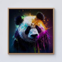 Warren Reed - Designer Panda Face Splashart Colourful Framed Canvas in Light Brown | Size: W30" x H30"