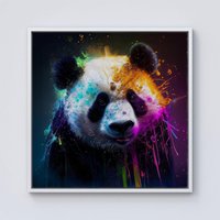 Warren Reed - Designer Panda Face Splashart Colourful Framed Canvas in Off-White | Size: w40 inch x h40 inch