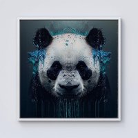 Warren Reed - Designer Panda Face Splashart Dark Background Framed Canvas in Off-White | Size: W30" x H30"