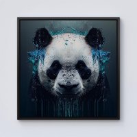 Warren Reed - Designer Panda Face Splashart Dark Background Framed Canvas in Black | Size: W30" x H30"
