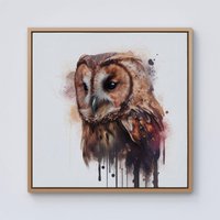 Warren Reed - Designer Tawny Owl Face Splashart Light Background Framed Canvas in Light Brown | Size: w10 inch x h10 inch
