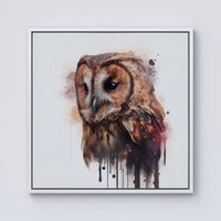 Warren Reed - Designer Tawny Owl Face Splashart Light Background Framed Canvas in Off-White | Size: W16" x H16"