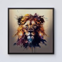 Warren Reed - Designer Majestic Lion Face Splashart Framed Canvas in Black | Size: w10 inch x h10 inch