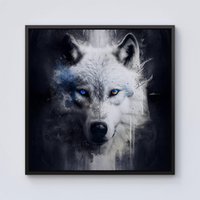 Warren Reed - Designer White Wolf Face Splashart Dark Backgrouns Framed Canvas in Black | Size: W16" x H16"