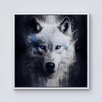 Warren Reed - Designer White Wolf Face Splashart Dark Backgrouns Framed Canvas in Off-White | Size: W30" x H30"
