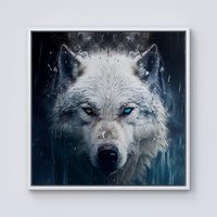 Warren Reed - Designer White Wolf Face Splashart Framed Canvas in Off-White | Size: w10 inch x h10 inch