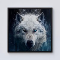 Warren Reed - Designer White Wolf Face Splashart Framed Canvas in Black | Size: w40 inch x h40 inch