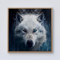 Warren Reed - Designer White Wolf Face Splashart Framed Canvas in Light Brown | Size: w40 inch x h40 inch