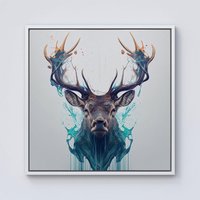 Warren Reed - Designer Stag Face Splashart Framed Canvas in Off-White | Size: W30" x H30"