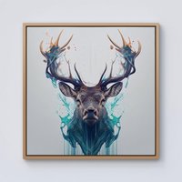 Warren Reed - Designer Stag Face Splashart Framed Canvas in Light Brown | Size: w40 inch x h40 inch