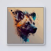 Warren Reed - Designer Hyena Face Splashart Light Background Framed Canvas in Off-White | Size: W16" x H16"