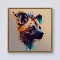 Warren Reed - Designer Hyena Face Splashart Light Background Framed Canvas in Light Brown | Size: w40 inch x h40 inch