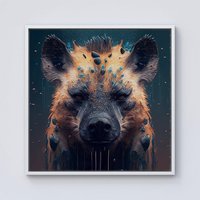 Warren Reed - Designer Hyena Face Splashart Dark Background Framed Canvas in Off-White | Size: W16" x H16"