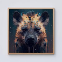 Warren Reed - Designer Hyena Face Splashart Dark Background Framed Canvas in Light Brown | Size: W16" x H16"