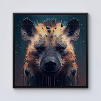 Warren Reed - Designer Hyena Face Splashart Dark Background Framed Canvas in Black | Size: w40 inch x h40 inch