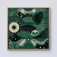Warren Reed - Designer Abstract Green Moon Framed Canvas in Light Brown | Size: w10 inch x h10 inch